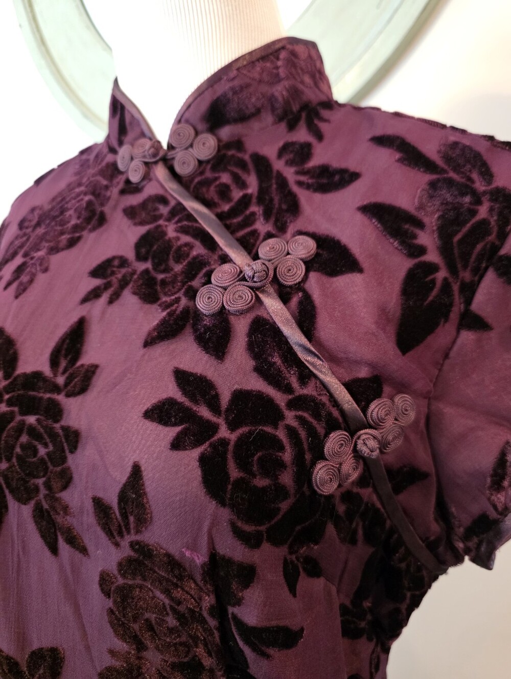 Robbie Bee Vintage Size 10 Velvet Burnout Asian Inspired Maxi Dress Burgundy - Picture 4 of 12